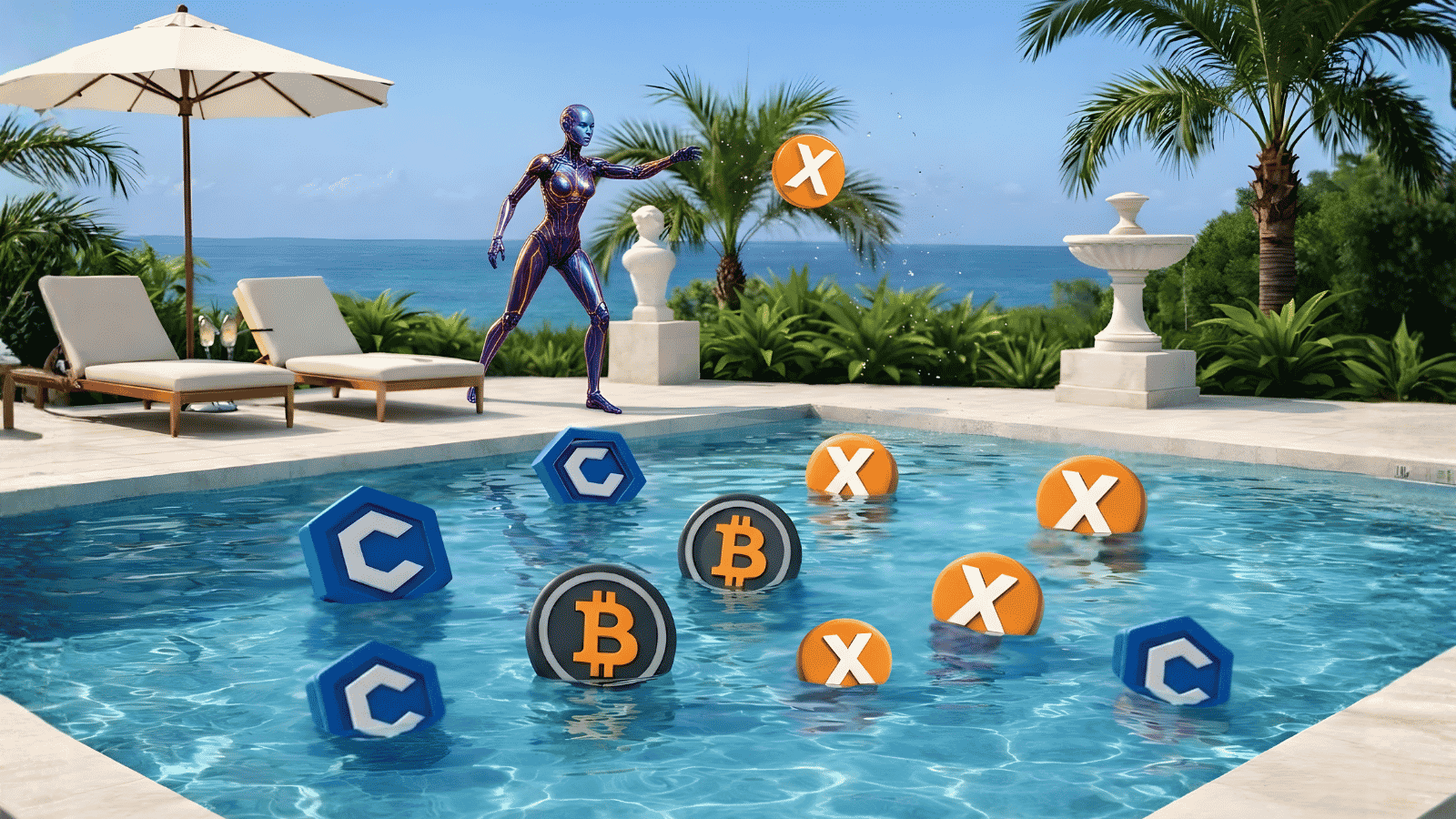 Futuristic humanoid interacting with floating crypto tokens above a liquidity pool representing DeFi liquidity and token swaps on Cronos.