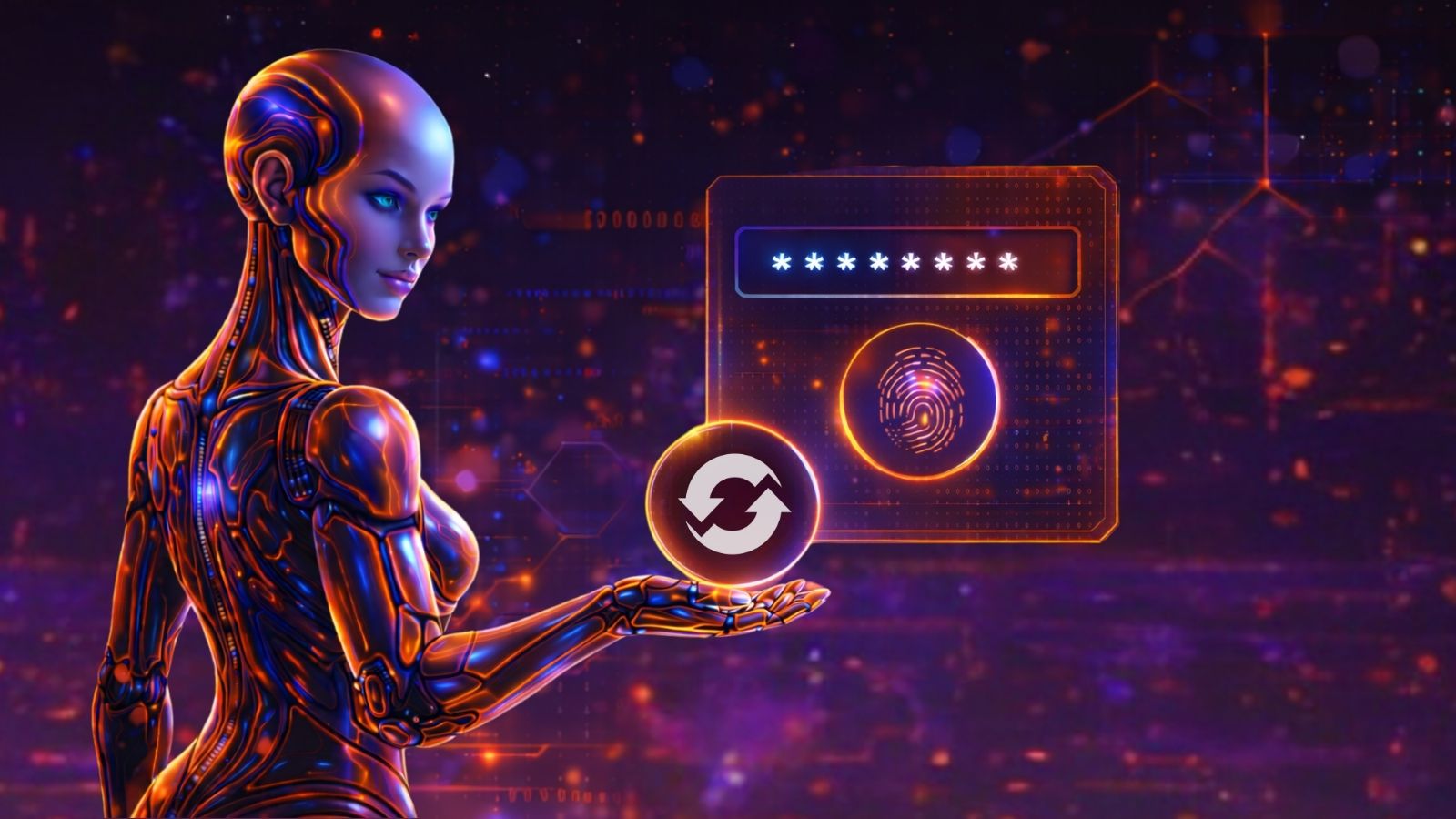 Futuristic humanoid validating a DeFi swap transaction with biometric wallet signing on Cronos through InoSwap.