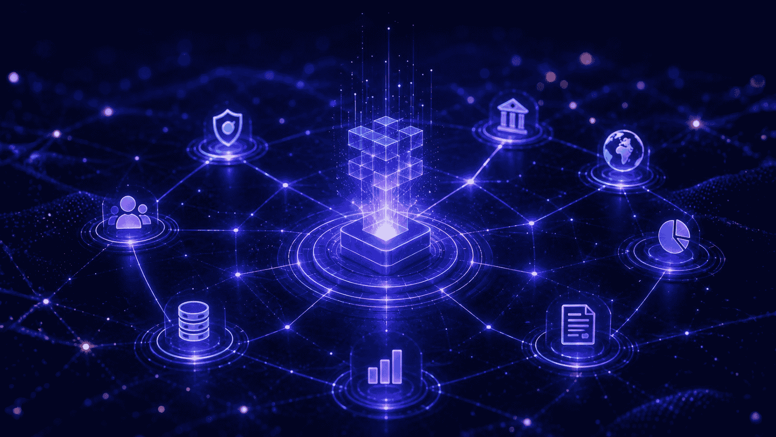 Futuristic blockchain validator infrastructure illustration showing decentralized Cosmos-based network participation, staking systems, and interconnected validator ecosystems.