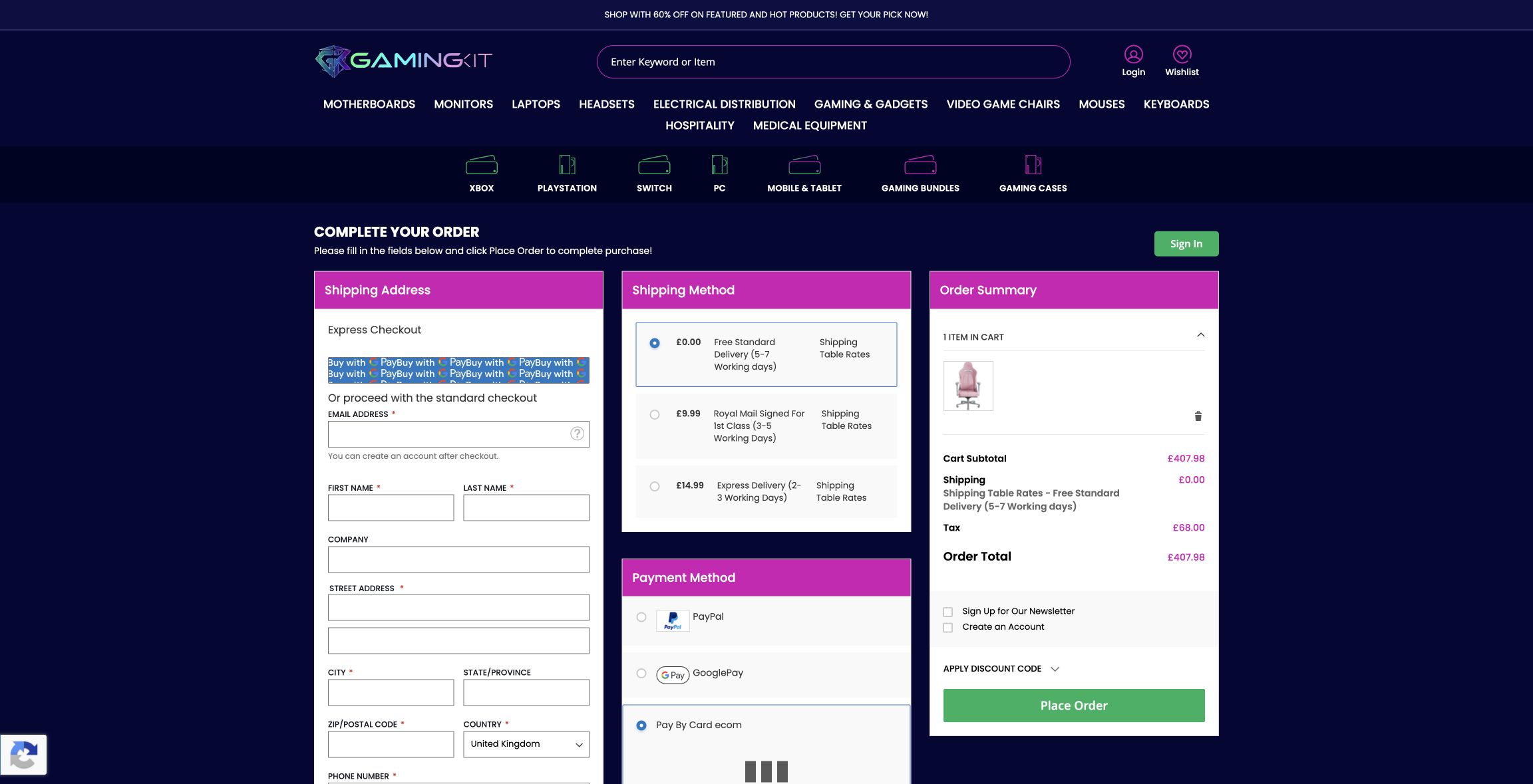 GamingKit checkout showing guest address fields, UK delivery methods, payment options and the order total for the tested chair.