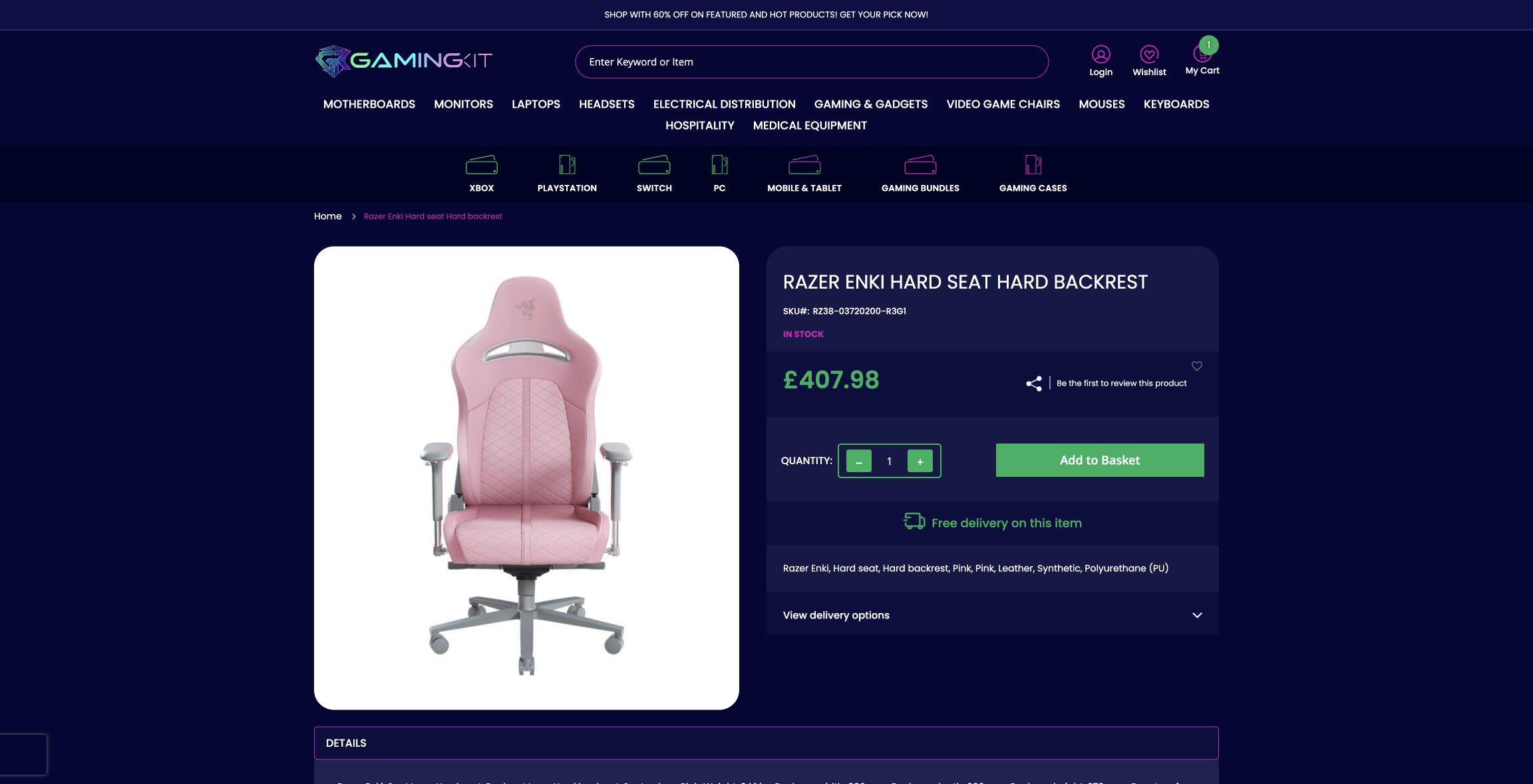 GamingKit product page for a pink Razer Enki gaming chair, showing the price, SKU, stock status and free delivery message.