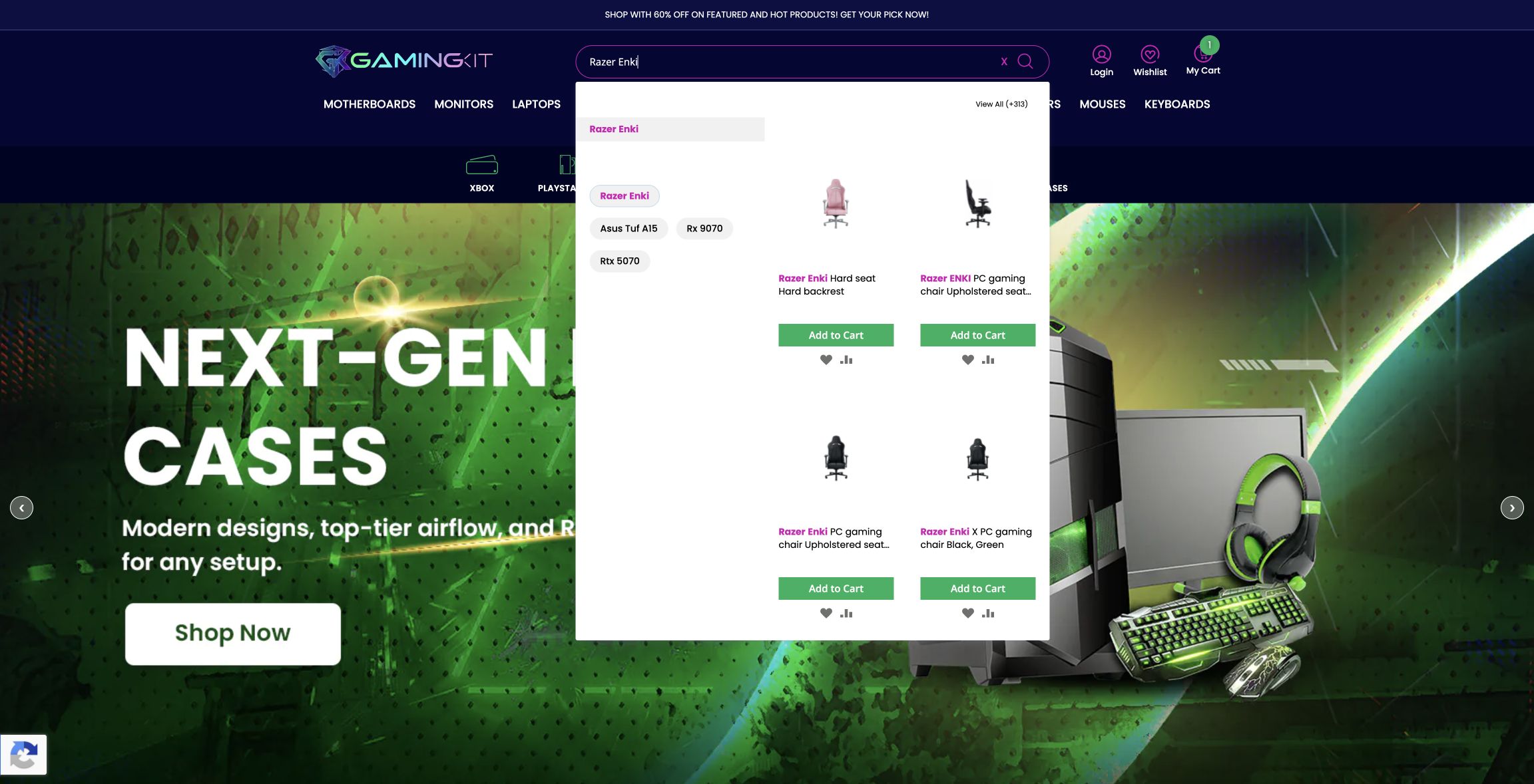GamingKit search results for Razer Enki showing several similar chair listings and 317 reported products.