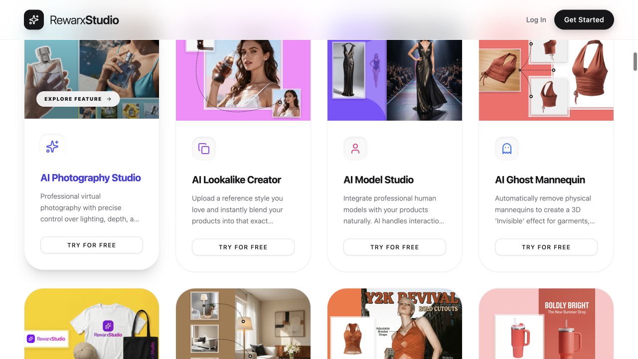 Rewarx Studio AI platform showing its ecommerce visual tools, including AI Photography Studio, Lookalike Creator, Model Studio and Ghost Mannequin.