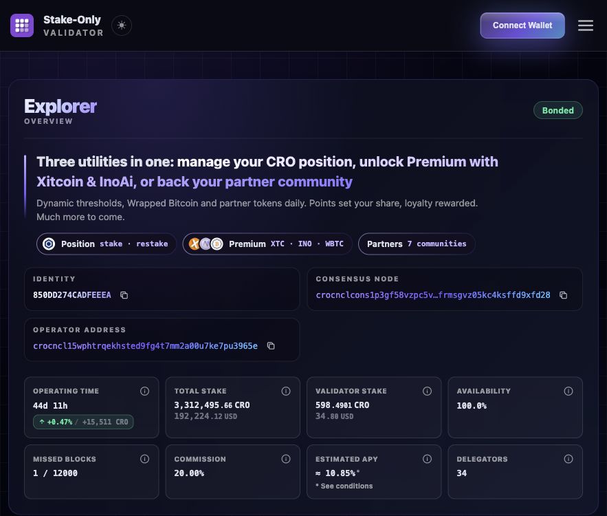 Stake-Only Explorer on Cronos POS with the official validator logo, identity, total delegated CRO, commission and network statistics.