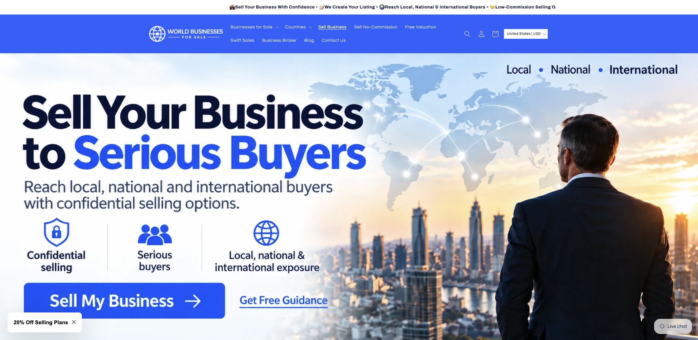 Entry page for the World Businesses for Sale seller service
